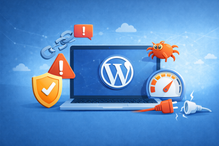 Illustration einer WordPress Website mit Problemen und typische Fehlerquellen und Warnhinweise