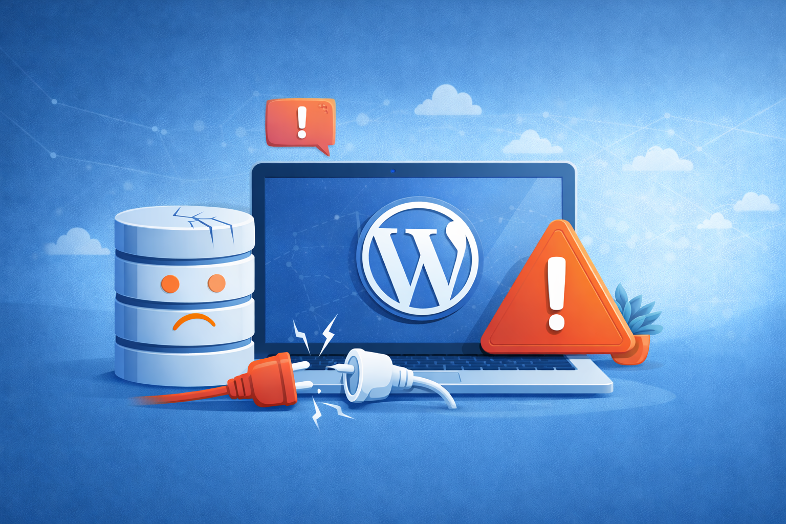 Illustration eines WordPress Datenbank Fehlers mit typischen Fehlerquellen und Warnhinweisen