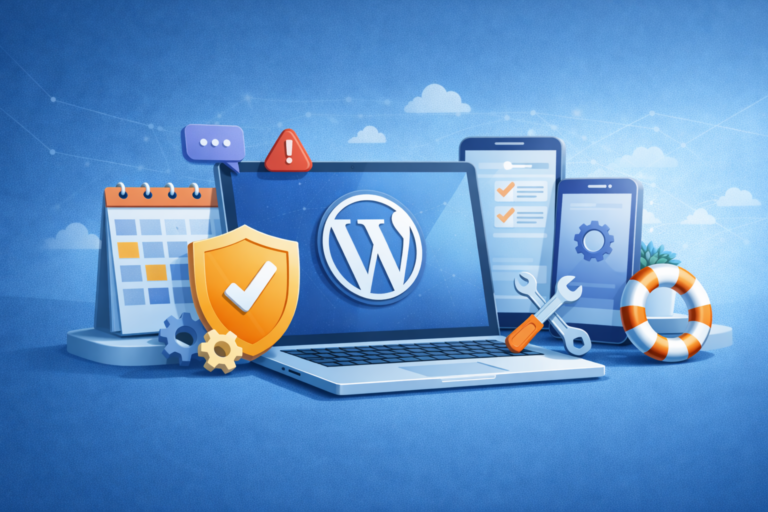 Blog 4 Symbolische Illustration zur WordPress-Wartung mit Support- und Schutzsymbolen