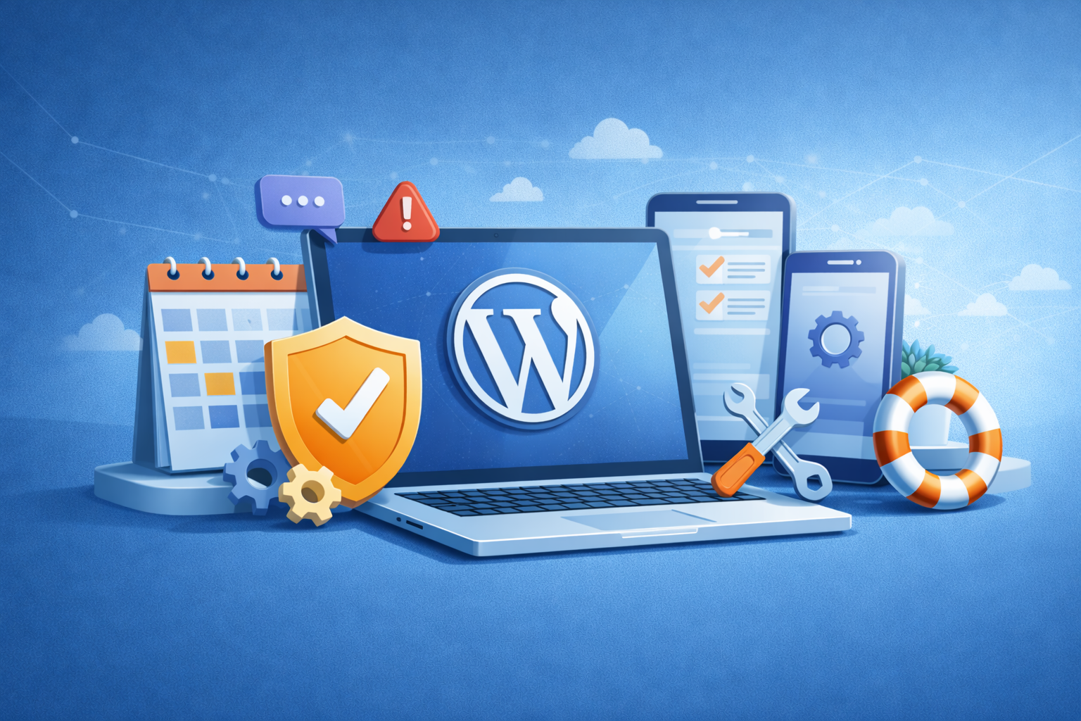 Symbolische Illustration zur WordPress-Wartung mit Support- und Schutzsymbolen