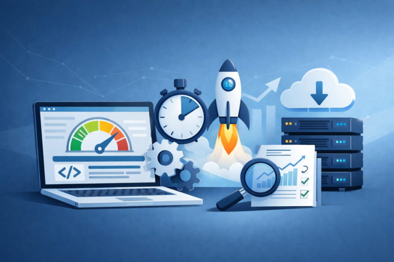 Symbolische Darstellung einer WordPress-Seite mit Raketen und weiteren Performance Symbolen