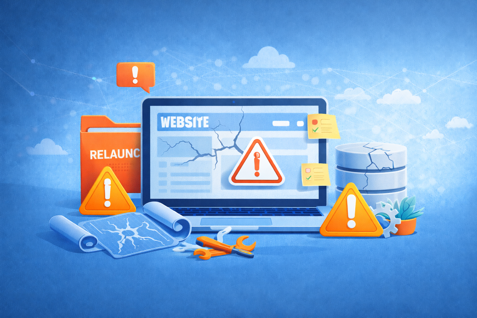 Illustration eines Website Relaunchs mit typischen Fehlerquellen und Warnhinweisen