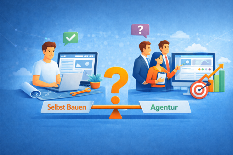 Vergleichende Illustration zwischen Website-Selbstbau und Agenturleistung