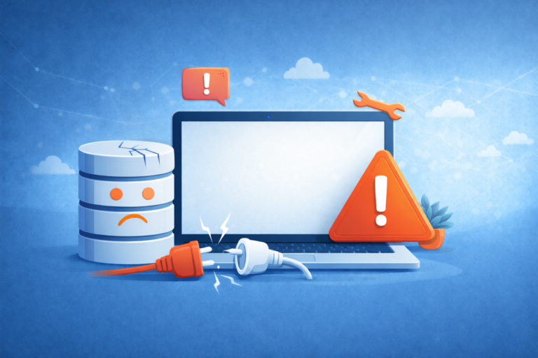 Home 14 Illustration eines WordPress Datenbank Fehlers mit typischen Fehlerquellen und Warnhinweisen