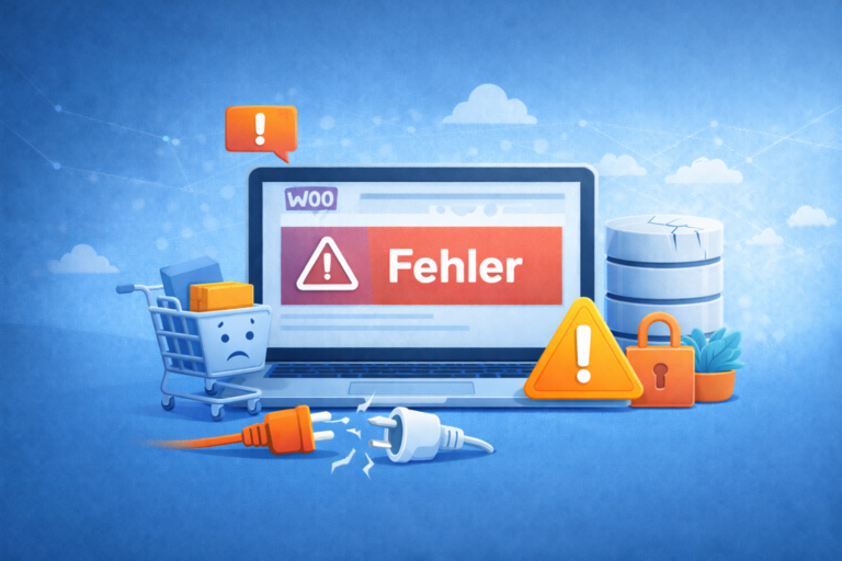 Home 12 Abstrakte Darstellung eines WooCommerce-Shops mit Warnsymbolen und Fehlermeldungen