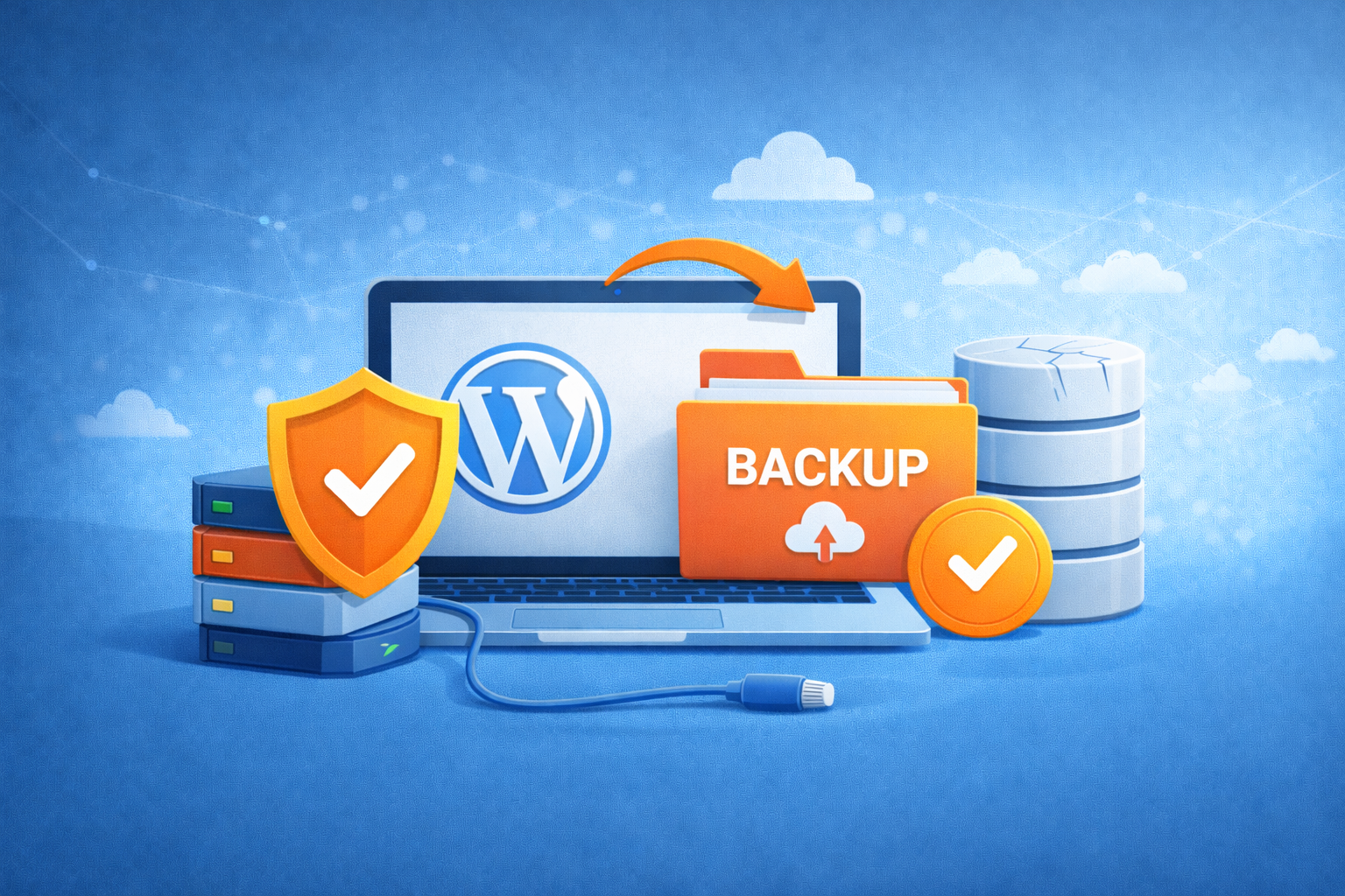 Symbolische Darstellung eines WordPress-Backups mit Server- und Sicherungssymbolen