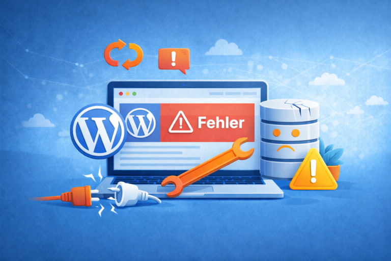 Abstrakte Illustration eines WordPress-Updates mit Fehlermeldung und Warnsymbol