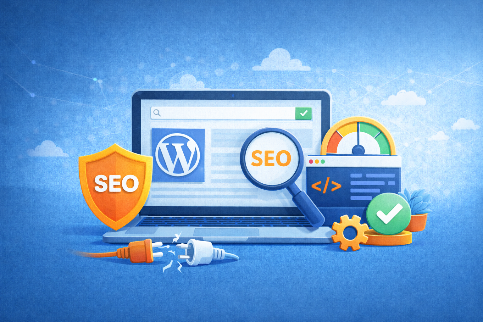 Abstrakte Grafik zu technischem SEO für WordPress mit Code-, Analyse- und Suchsymbolen