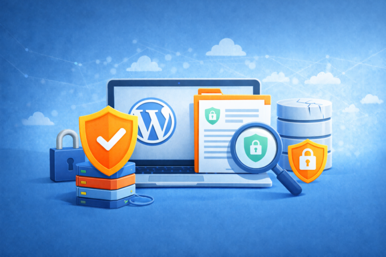 Illustration zur WordPress-Sicherheit mit Schutzsymbolen und Schloss-Icon