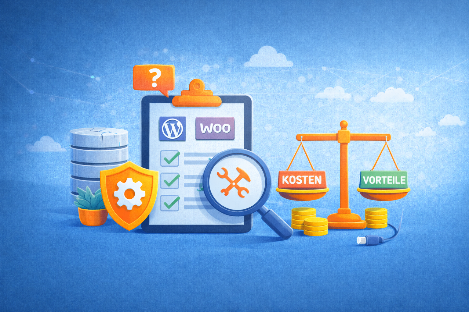 Symbolische Illustration zur WordPress-Wartung mit Zahnrädern und Schutzsymbolen