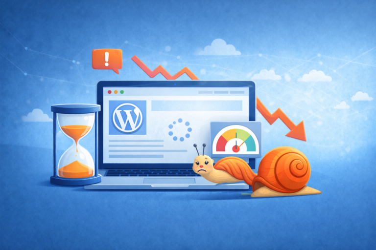 Home 12 Illustration einer langsamen WordPress-Website mit Ladeindikator und Performance-Symbolen