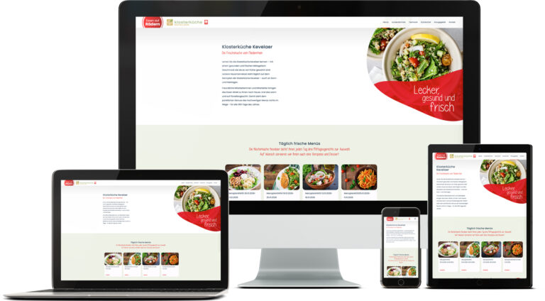 Referenzen 10 Foto der Website klosterkueche-kevelaer.de auf verschiedenen Endgeräten wie iMac, Macbook, iPad und und iPhone