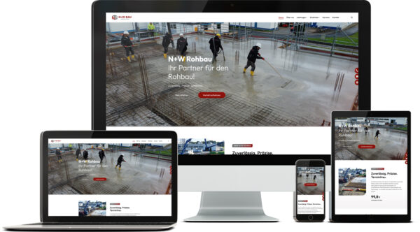 tradino-referenz-nw-rohbau Foto der Website nw-rohbau.de auf verschiedenen Endgeräten wie iMac, Macbook, iPad und und iPhone