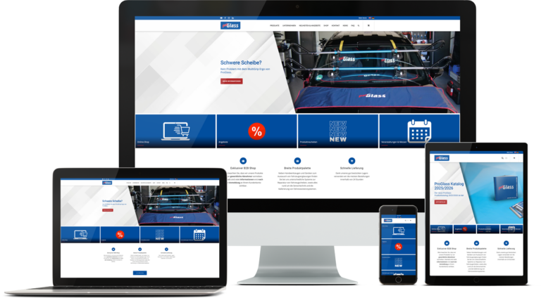 Foto der Website proglass.de auf verschiedenen Endgeräten wie iMac, Macbook, iPad und und iPhone