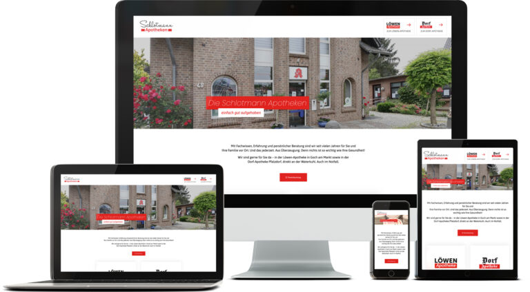 Referenzen 14 Foto der Website schlotmann-apotheken.de auf verschiedenen Endgeräten wie iMac, Macbook, iPad und und iPhone