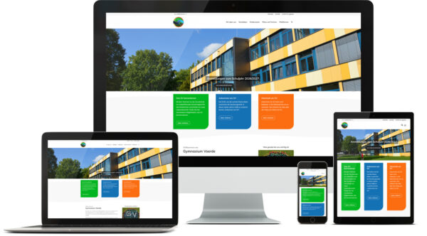 Screenshots der Website Gymnasium Voerde auf verschiedenen Endgeräten wie iMac, Macbook, iPad und und iPhone