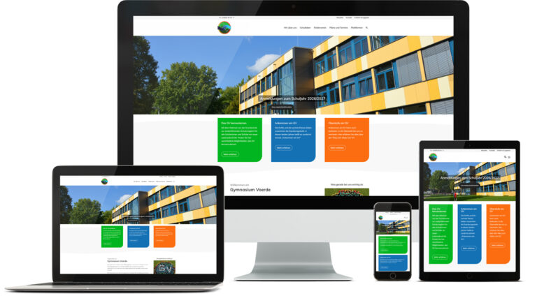 Screenshots der Website Gymnasium Voerde auf verschiedenen Endgeräten wie iMac, Macbook, iPad und und iPhone